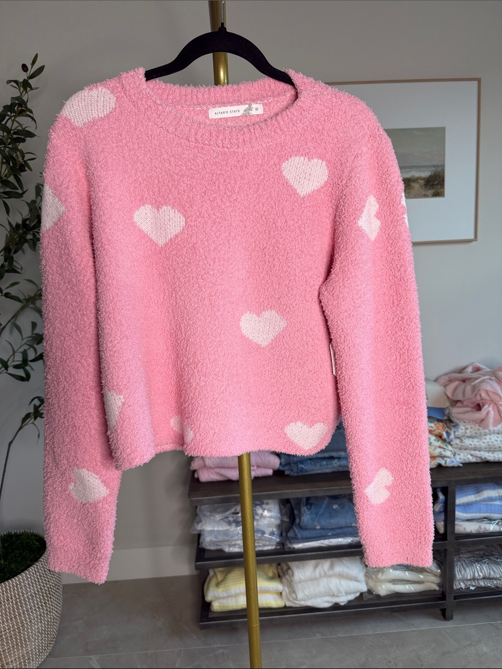 Altar'd State Pink Heart Fuzzy Crewneck Sweater - Picture 3 of 5